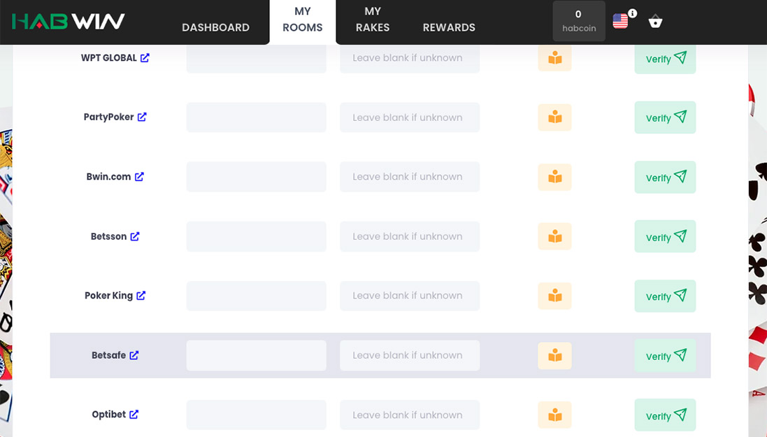 The My rooms screen in Habwin, with a register link, nickname and ID field and a Verify button for each room