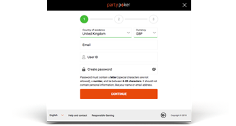 PartyPoker registration dialogue asking for country, currency, email and password