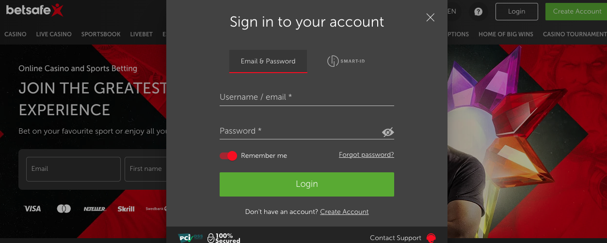 Betsafe sign-in dialogue asking for username and password