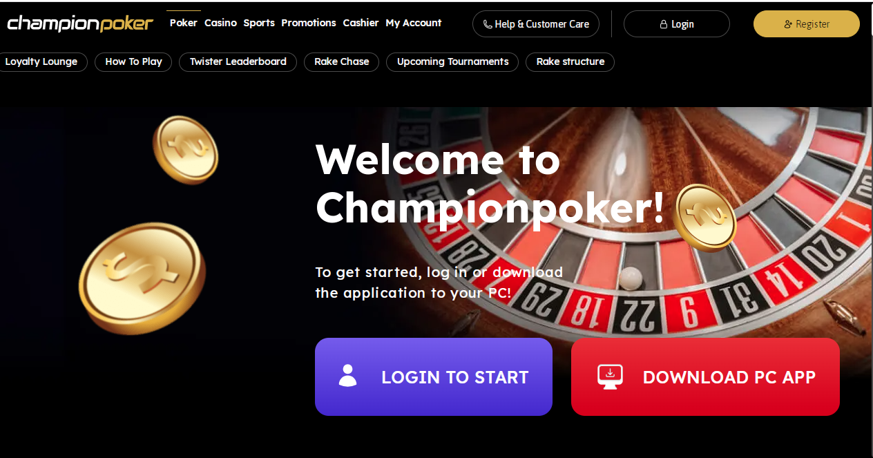 Championpoker home page, with buttons to log in or download the PC application