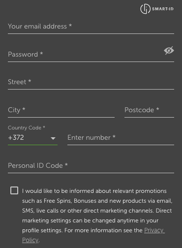 Betsafe registration fields: email, password, address, phone and personal ID code
