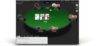 A poker table in play with the community cards and each player stack