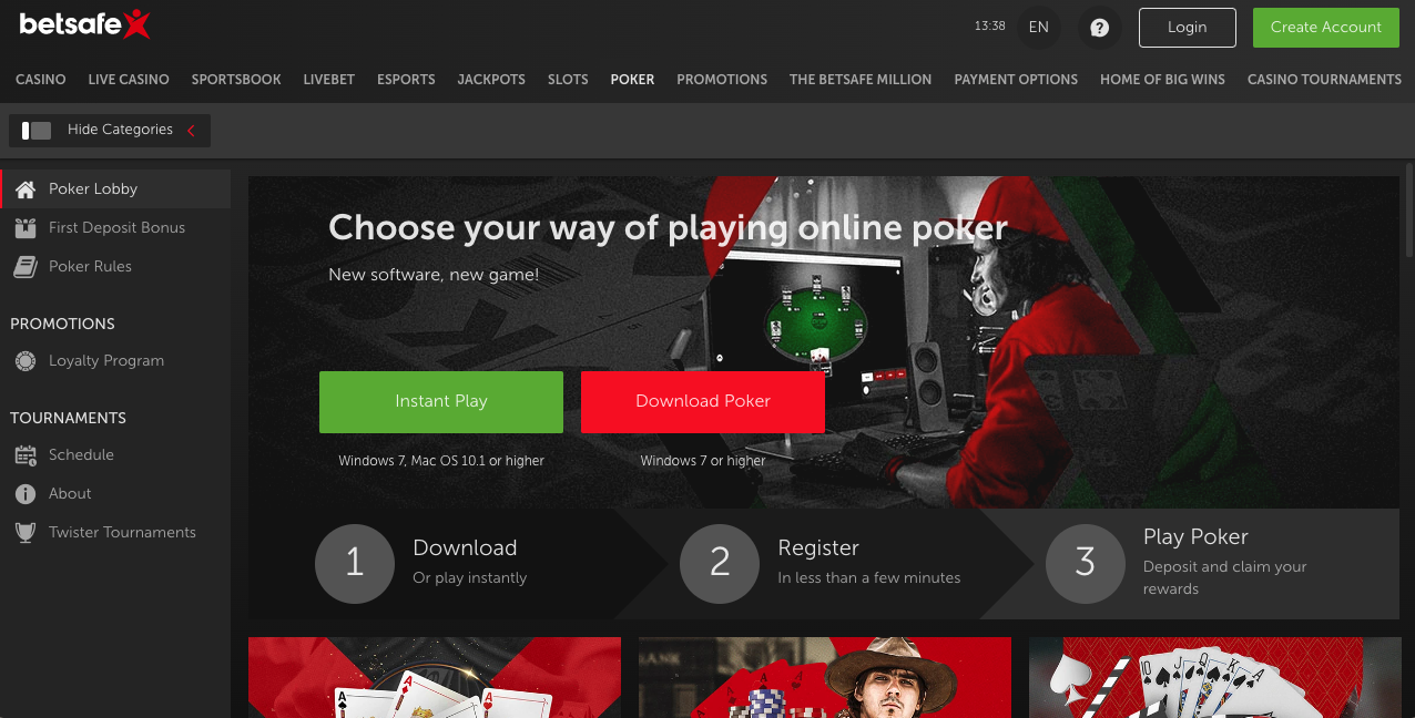 Betsafe poker section with instant play and download buttons and the three steps: download, register and play