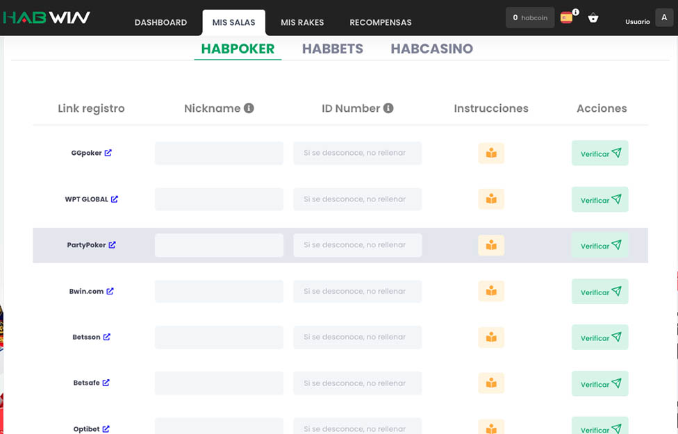La pantalla Mis salas de Habwin, con enlace de registro, apodo, número de ID y un botón de verificar por sala
