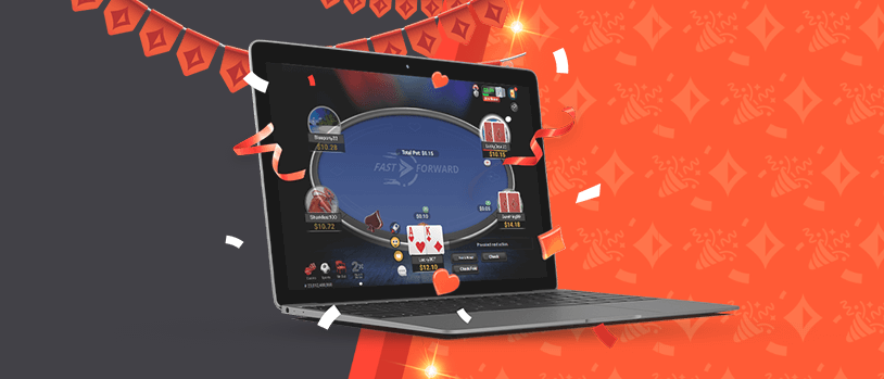 A PartyPoker fast-forward table open on a laptop