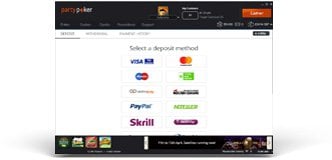 PartyPoker cashier showing the deposit methods: Visa, Mastercard, Paypal, Neteller and Skrill