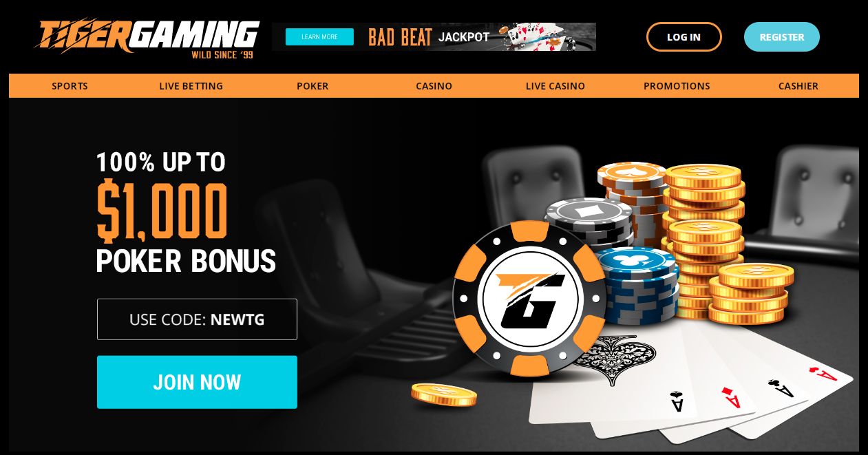 TigerGaming home page offering a 100% poker bonus up to $1,000 with the code NEWTG