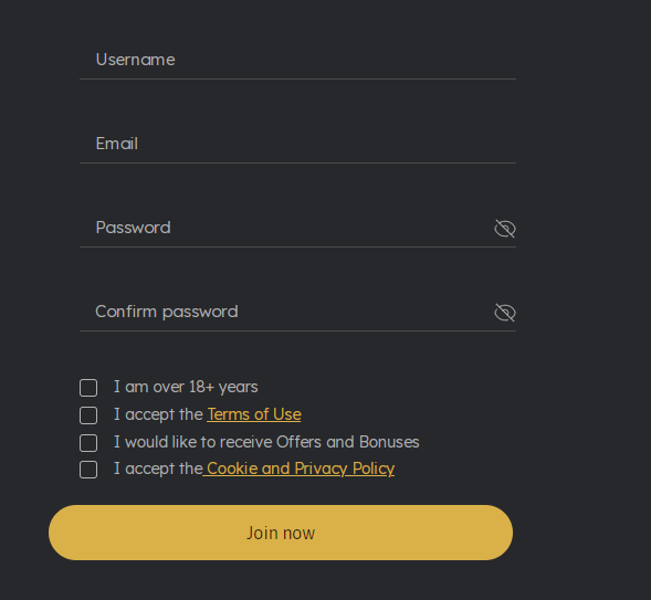 Registration fields: username, email, password and the age and terms checkboxes