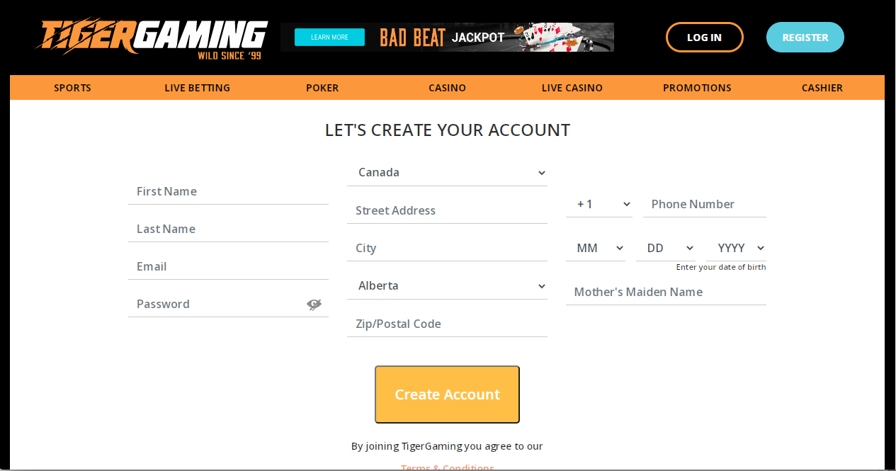 TigerGaming registration form asking for name, email, address and date of birth