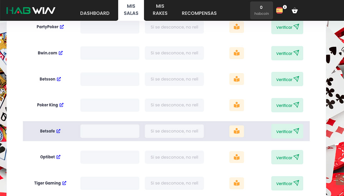 La pantalla Mis salas de Habwin, con enlace de registro, apodo, número de ID y un botón de verificar por sala