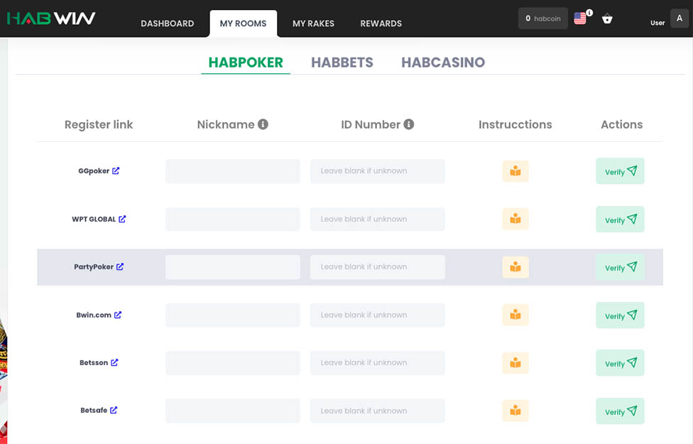 The My rooms screen in Habwin, with a register link, nickname and ID field and a Verify button for each room