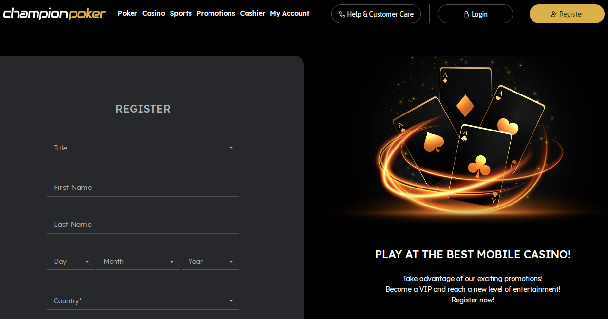 Championpoker registration form asking for name, date of birth and country